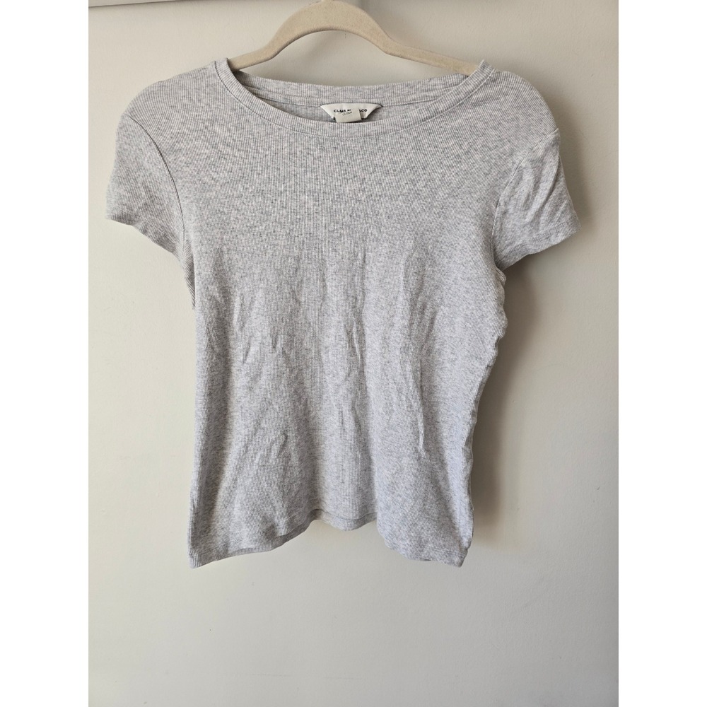 Club Monaco Womens Medium Heather Grey Ribbed Short Sleeve Crew Neck Tee Shirt